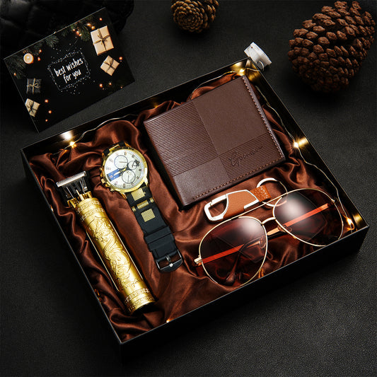 8pcs Watch Set, Cool Stainless Steel Quartz Watch + Perfume + Decorative Glasses, Multiple Colors Available, Perfect Birthday Gift