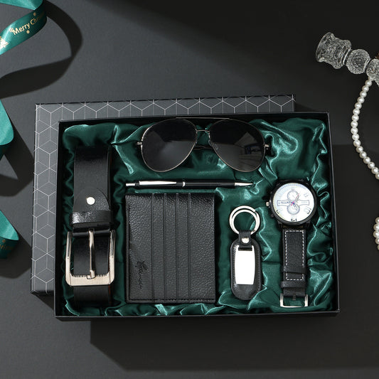 7pcs Watch Set, Cool Stainless Steel Quartz Watch + Perfume + Decorative Glasses, Multiple Colors Available, Perfect Birthday Gift